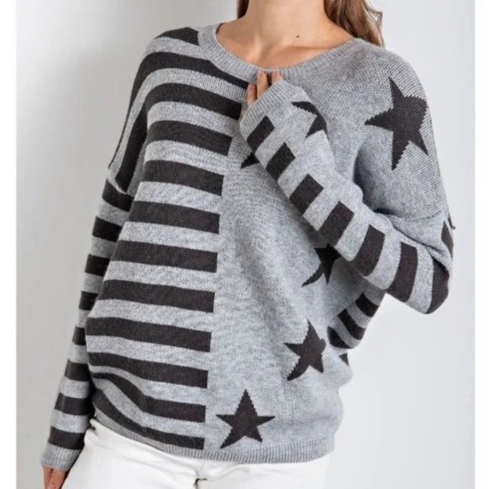 Easel Womens Stars & Stripes Colorblock Knit Pullover Crew Neck Sweater Grey L